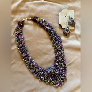 Colorful thick Beaded Necklace and matching nickel free dangle earrings NEW